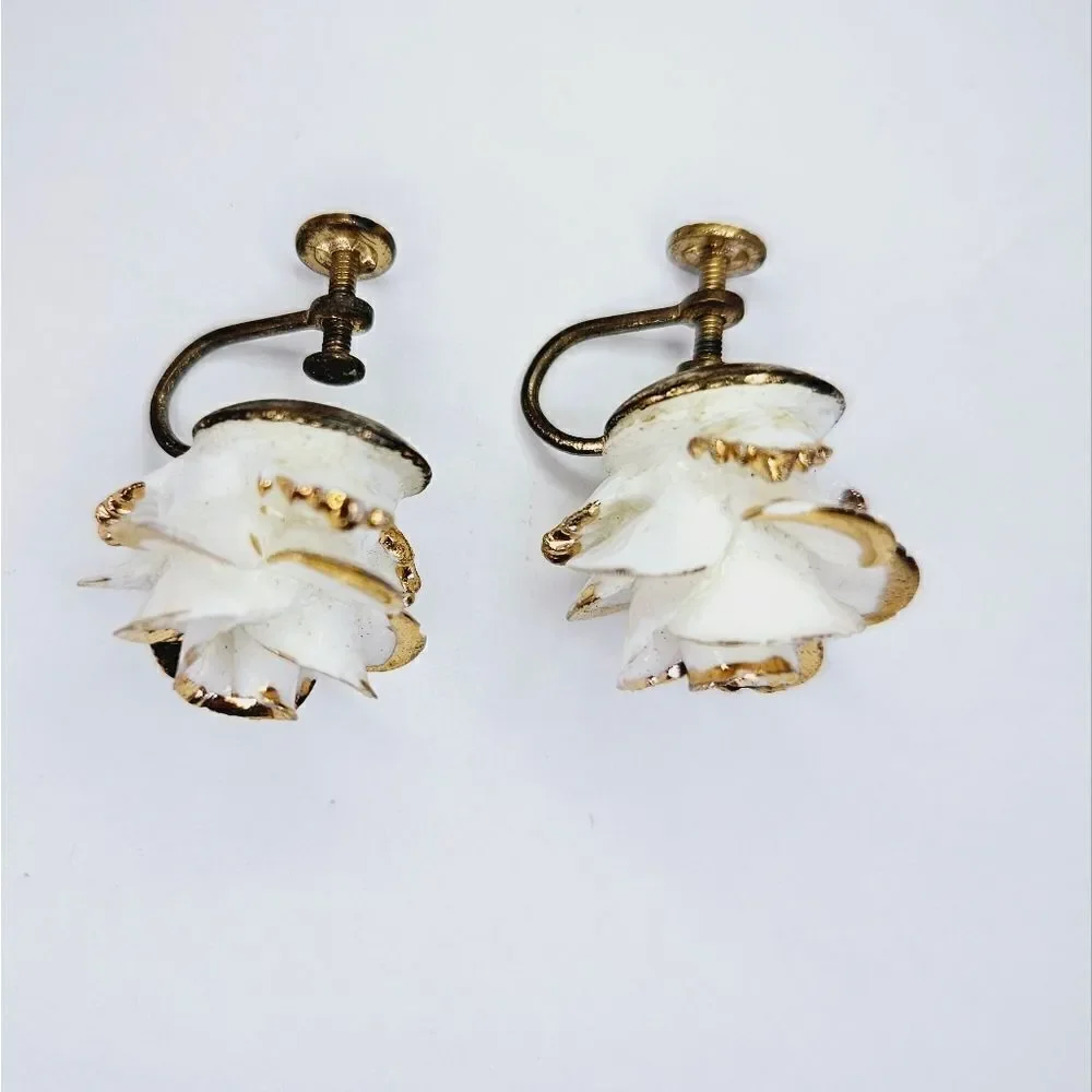 Vintage Porcelain White Rose Gold Accented Screw Back Earrings Made In England
